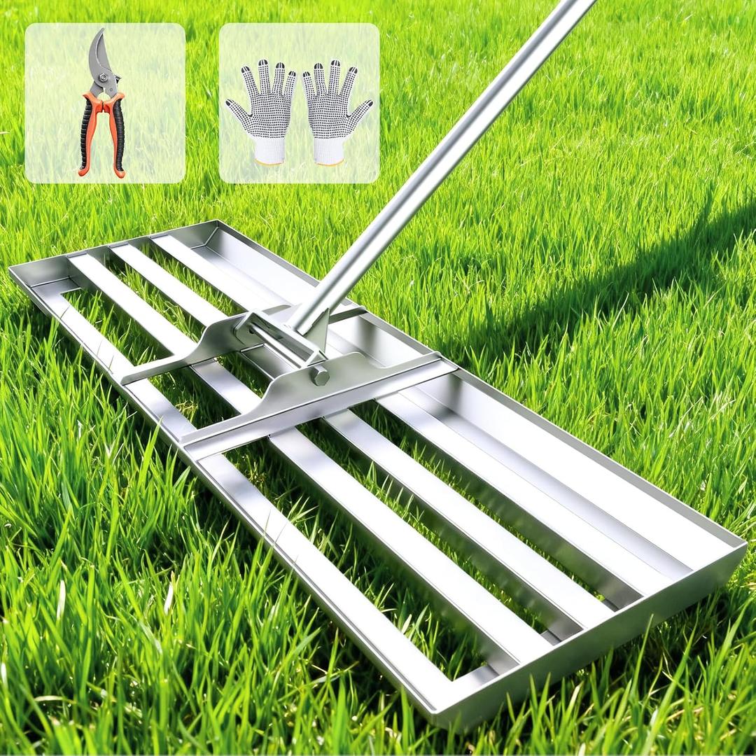 Lawn Leveling Rake 30"x10", Professional Stainless Steel Lawn Leveler Tool with Adjustable 78" Handle, Heavy Duty Anti-Fracture Connectors, Curved Edge Landscape Rake for Garden, Golf Course, Farm