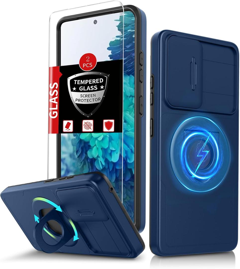 for Samsung Galaxy s20 FE Case Magnetic Compatible with MagSafe Wireless Charging,with 2 Screen Protectors,Built-in Stand Ring+Camera Cover Anti-Scratch Shockproof Heavy Duty Protection Blue