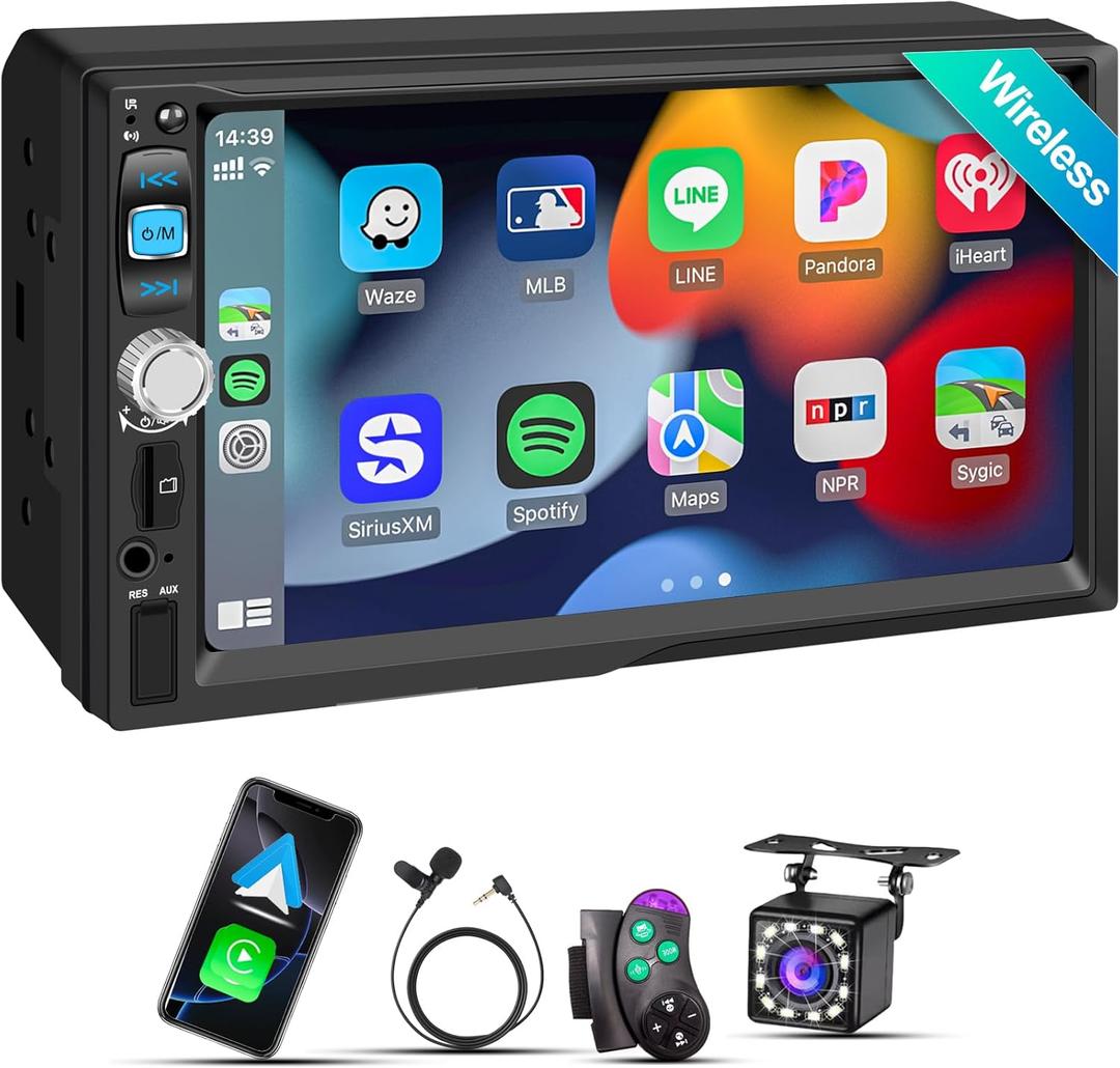 Wireless Apple CarPlay & Android Auto, Double DIN Car Stereo - 7" IPS Touchscreen 1024*600, FM Car Radio, Bluetooth 5.2, 180W, HD Backup Camera, Subwoofer, USB,SWC, MIC, Car Play Audio Receiver,Dual