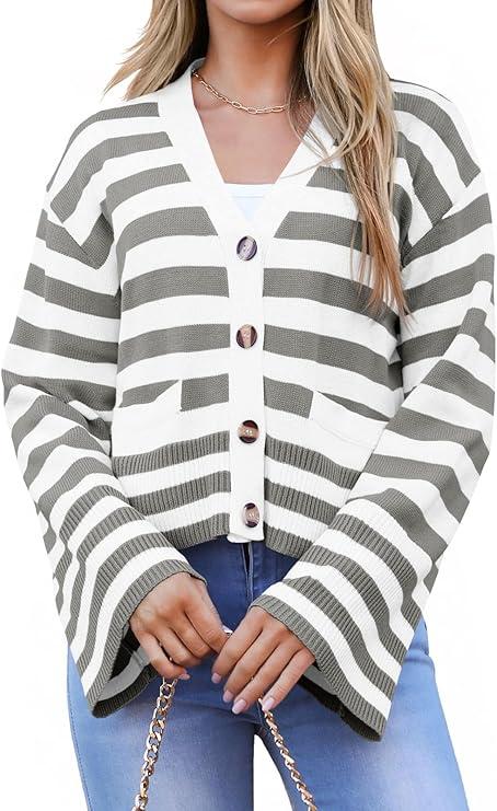 Saodimallsu Womens Striped Cardigan Sweaters Cropped Fall Button Open Front Long Sleeve Knit Sweater Coat with Pockets Medium