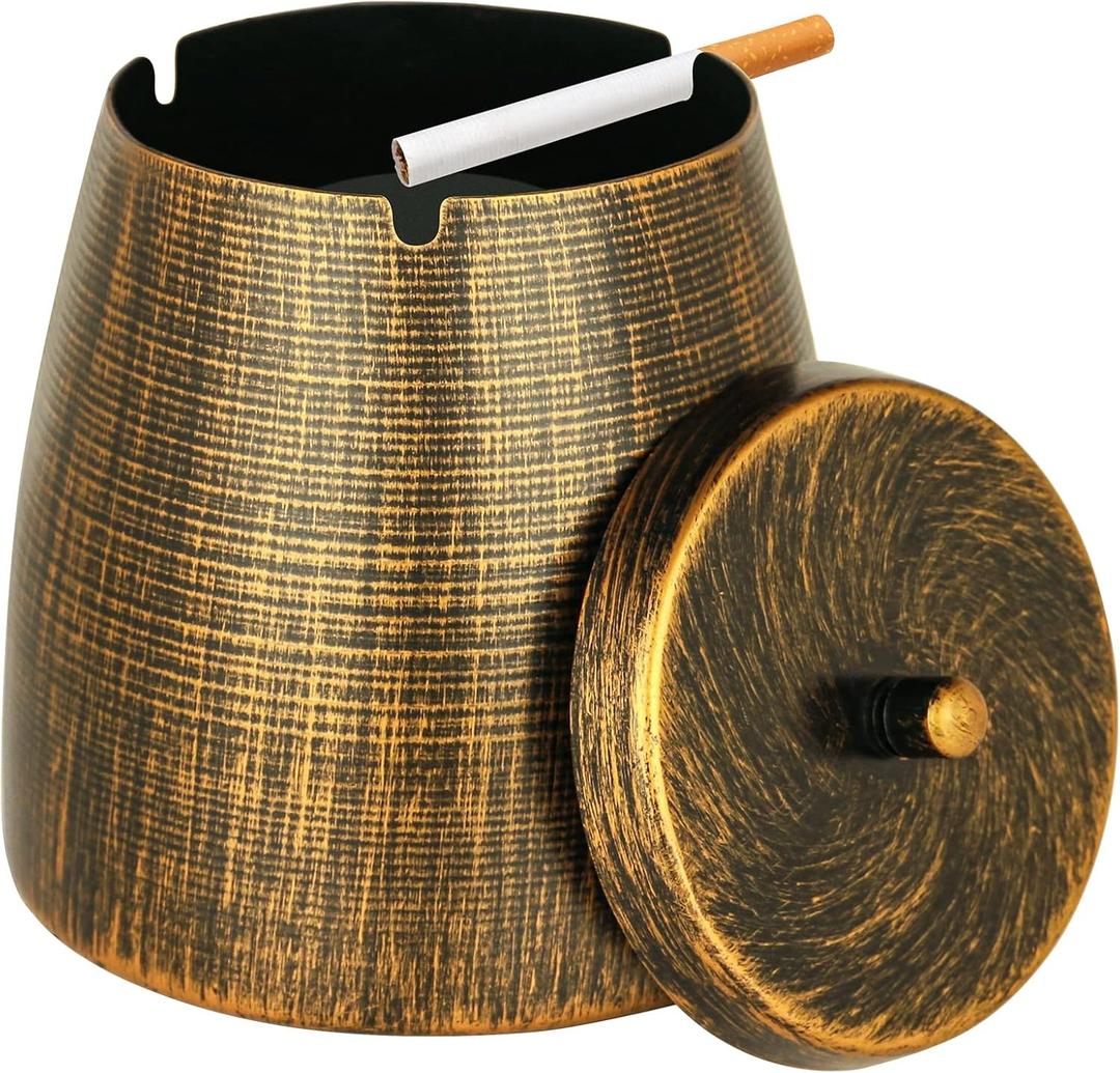 Outdoor Ashtray with Lid,Smokeless Ashtray for Cigarettes Cigars Outdoors Indoors,Rainproof Odorless Retro Metal Ash tray for Patio Home Indoors Outside Table Decor (Copper,X-Large)