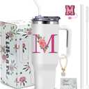 Monogrammed Gifts for Women,Initial Tumbler with Lid,Personalized Gifts,Birthday Gift for Women,Travel Cup,Coffee Tumbler,Cute Tumbler with Straws,for Christmas-M