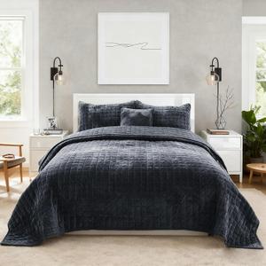 Quilt Set Oversized King Size 120x128 Luxurious Velvet Bedding Sets with 2 Pillow Shams 20x36 3 Pieces Ultra Soft Quilted Bedspread Coverlet Comforter for All Season,Grey Blue
