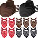 20 Pcs Cowboy Hat and Bandana Vintage Cowboy Costume Set Unisex Cowboy with Bandana Scarf Party Accessories (Black,coffee)