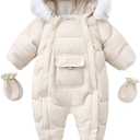 Baby Snowsuit Toddler Winter Unisex Romper Infant Girls Boys Solid Hooded Jumpsuit with Gloves Footie Down Coat Jacket (18-24 Months, 4-white)
