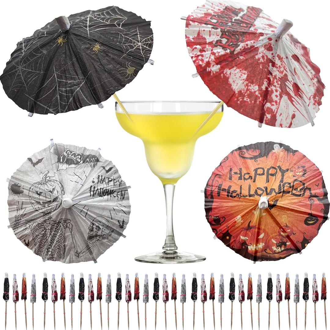 200 PCS Halloween Drink Umbrellas Cocktail Picks Halloween Fruit Toothpicks Drinking Umbrellas Cupcake Topper Sticks Cocktail Drink Accessories for Halloween Party Appetizers Restaurant Decorations