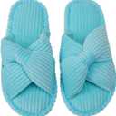 Enteer Women's Corduroy Bow Memory Foam Slippers, Open Toe Cross Band Non-Slip Indoor Outdoor House Slippers