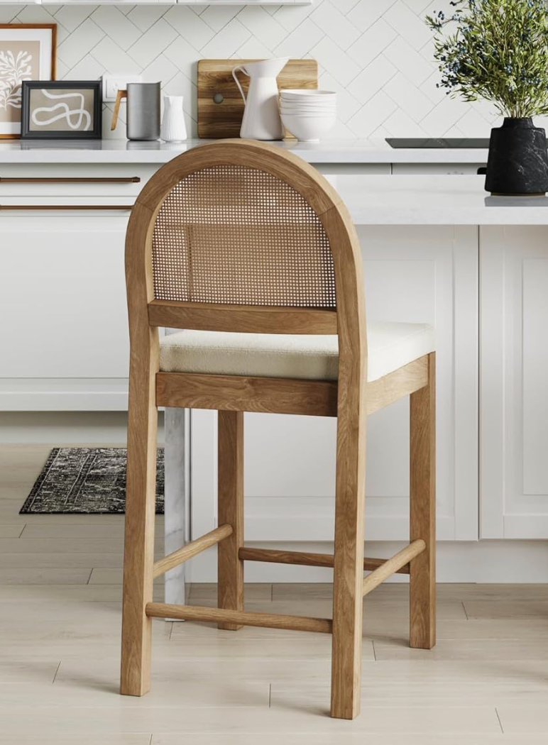 Nathan James Bailey Boucle Upholstered Rattan Bar Stool, Counter Height Stool with Natural Rattan Woven Back For Kitchen Island, Light Brown, Count of 1