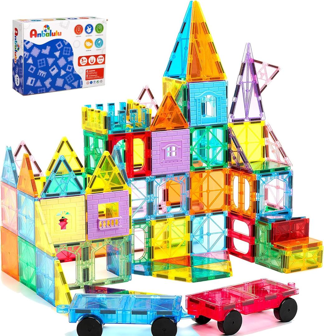 Anbalulu Magnetic Tiles 100PCS with 2 Cars, STEM Educational Building Blocks for Kids Ages 3-9, Magnet Construction Toys Gift for Toddlers