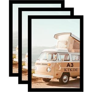 KTKDE A3 Poster Frame Black Woodgrain Picture Frame 3 Pack-16.5x11.7in Photo Frame,Certificate Frame with Plexiglass for Wall Mount or Table Top Display
