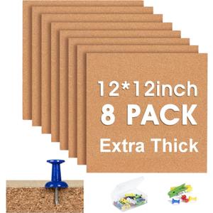 Square Cork Bulletin Board Tiles - SVOPY 8 Pack Extra Thick 12x12 Inches Cork Board Tiles for Wall for Home Office Decor, Cork Sheet,School Message Board and Decorative Display Boards (Brown)