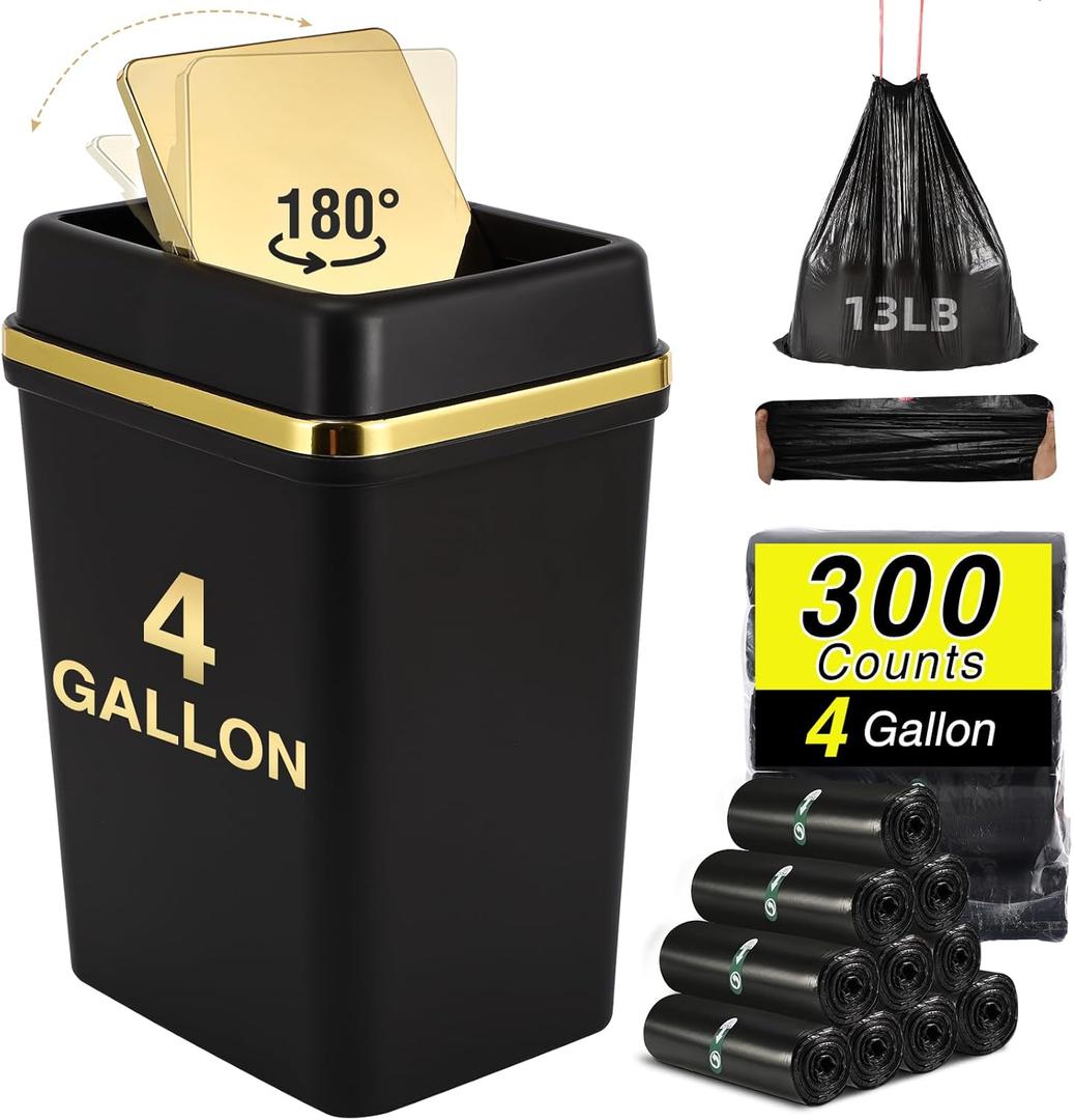 Bathroom  Can with Lid 4 Gallon Can with Swing Lid Small Garbage Can Black Bathroom Can with 300 Counts Bags for Kitchen Bedroom Office Dorm