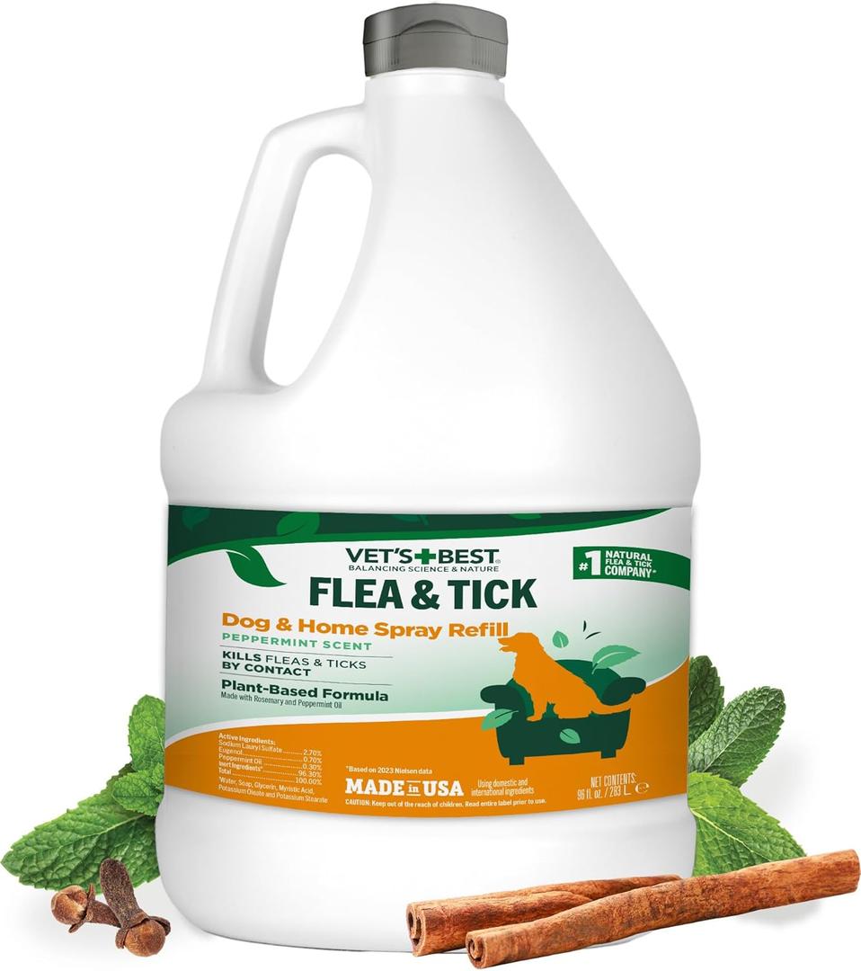 Vets Best Flea and Tick Home Spray  Plant-Based Flea and Tick Treatment for Dogs and Indoor Use  Natural Essential Oil Spray for Flea Control in The Home  Made in USA  96 oz Refill