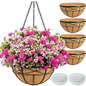 4 Pack 16 Inch Hanging Planters for Outdoor Plants Metal Wire Flower Baskets with Coco Liner & Plastic Saucer Large Deep Hanging Plant Pots for Porch Balcony Garden Décor