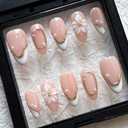 Press On Nails MAGLFELL Handmade Almond Spring Fake Nails, 3D Carving Floral and Pearl Design,10 Pcs Reusable Acrylic Fingernail Tip Salon Artificial Nails (Size M)