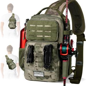Ghosthorn Fishing Backpack with Rod Holder - Tackle Sling Bag - Fly Fishing Gifts for Men and Women (Green Camouflage)