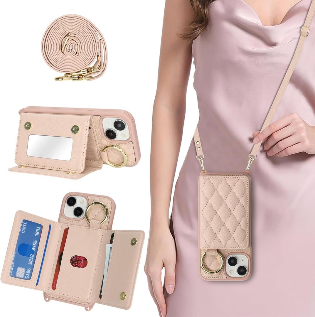 for iPhone 15 Case with Card Holder and Strap for Women,Crossbody Lanyard, Make Up Mirror,Ring Stand,Snap Clasp,Cute Phone Wallet Cases 6.1 inch - Rose Gold