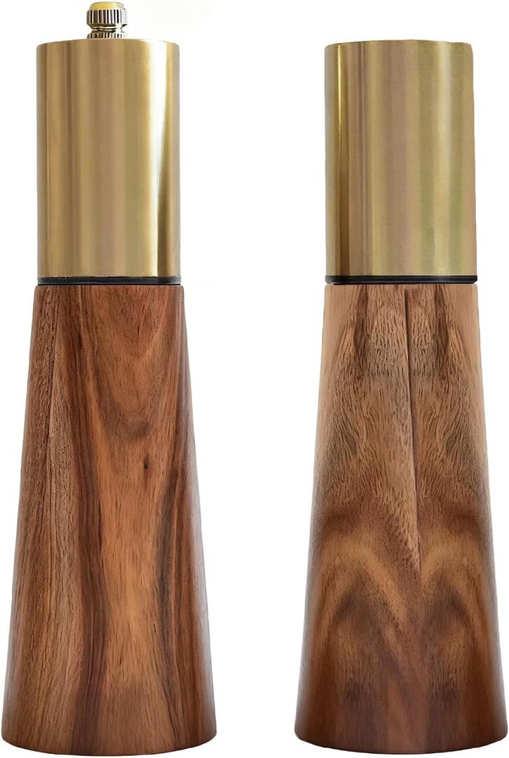 Salt and Pepper Grinder Set, Acacia Wooden Pepper Grinder with Adjustable Coarseness, Refillable Ceramic Blade Grind, Gold Pepper Mill for Kitchen, Enjoy Fresh Ground Pepper Salt with Spice