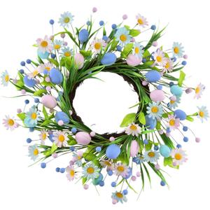 Spring Easter Wreaths for Front Door in 16 inch, Artificial Daisy Easter Egg Decorative,Farmhouse Spring Decorations, Front Door, Wall, Wedding, Easter,Spring(Blue&Pink)