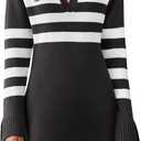 Saodimallsu Womens Striped Sweater Dress V Neck Collared Long Sleeve Slim Fit Ribbed Knit Trendy Mini Dresses (Large, Black)
