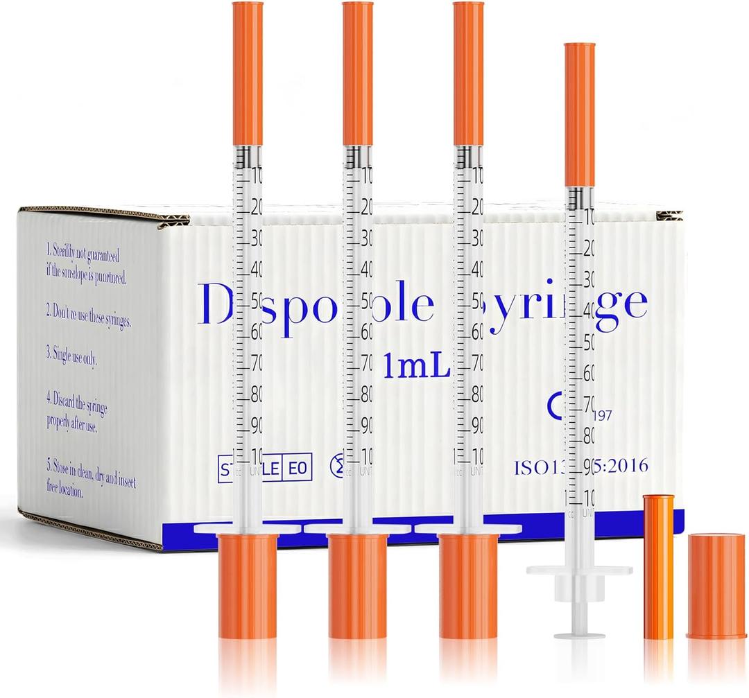 1ml Syringes 30G 1/2" 13mm Needle U-100 Disposable Lab Syringe, 100 Pack
