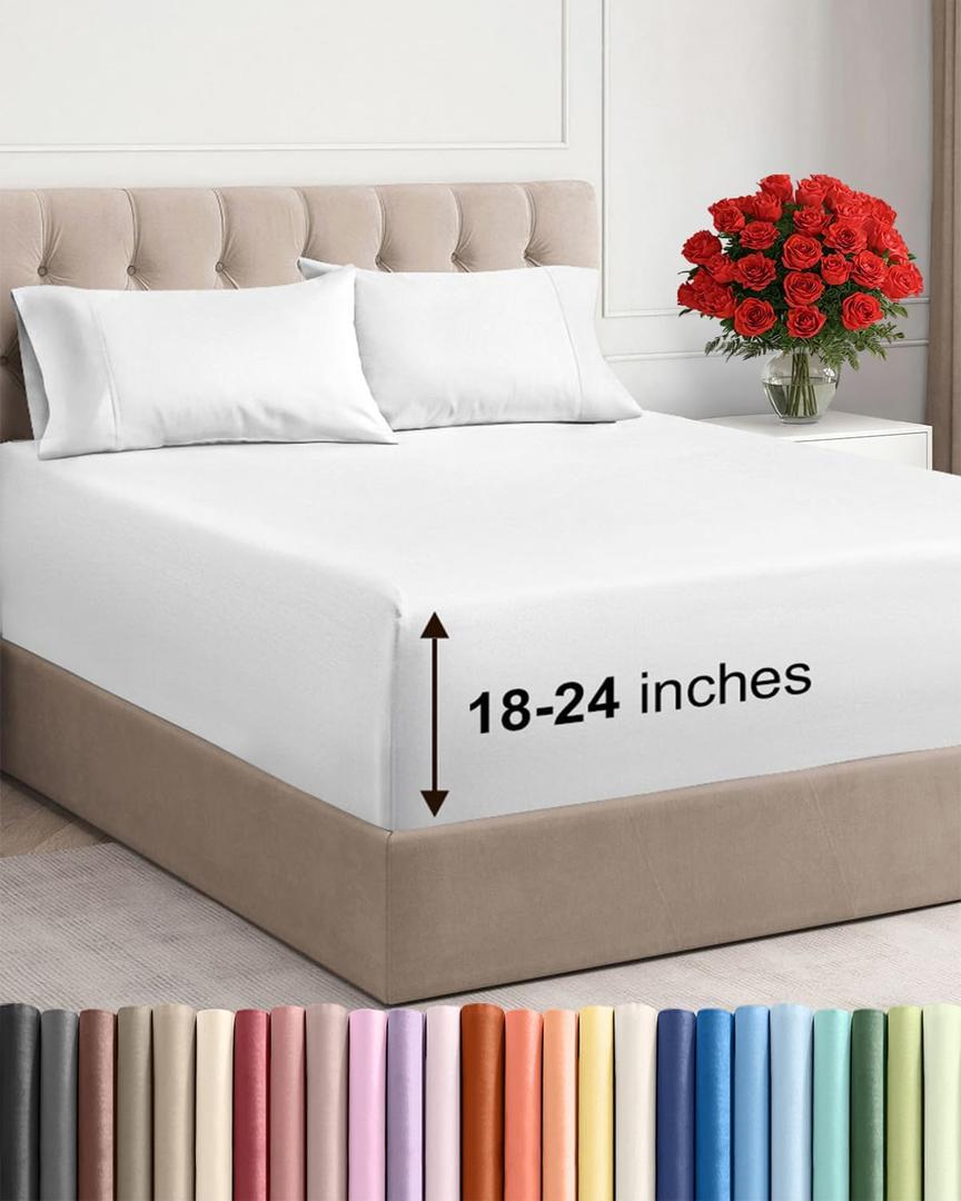 Extra Deep Queen Sheet Set - 4 Piece Breathable & Cooling Bed Sheets - Easily Fits 18 to 24 inch Mattress - Ultra Soft, Wrinkle & Fade Free w/ Extra Deep Pockets - Comfy Hotel Luxury Bedding - White