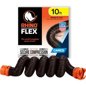 Camco RhinoFLEX 10 Camper/RV Sewer Hose Extension - Features Collapsible Design for RV Storage - Includes Pre-Attached Lug & Bayonet Fitting -Heavy Duty Polyolefin & Reinforced w/Steel Wire (39774)