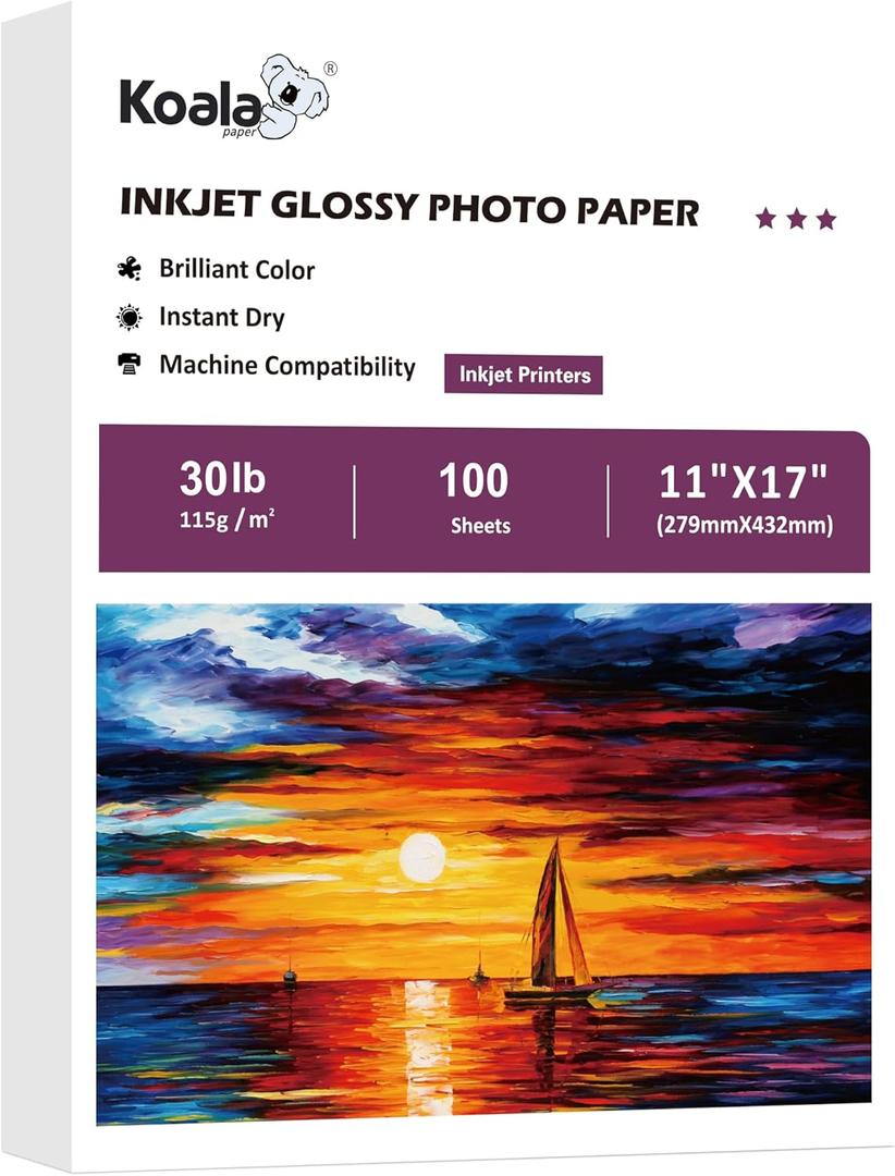 Koala Glossy Thin Inkjet Paper 11X17 Inches 100 Sheets 30LB Printer Paper Compatible with Inkjet Printer Use DYE INK 115gsm