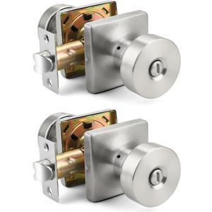 Probrico Bedroom Door Knob Satin Nickel Finish, 2 Pack Standard Size Interior Door Handles with Privacy Locking Function, Square Panel Knob for Bathroom