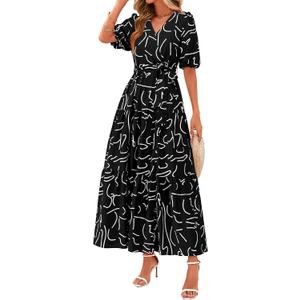 PRETTYGARDEN Women's Summer Maxi Dress 2025 Resort Wear Boho Floral V Neck Puff Short Sleeve Ruffle Flowy Beach Long Dresses, XL