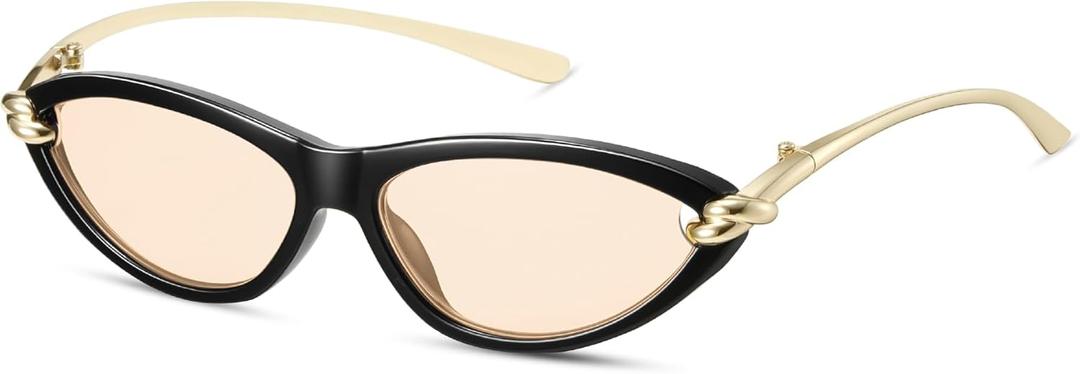 Retro Oval Cat Eye Sunglasses for Women Y2k Small Cateye Sun Glasses Womens Trendy 90s Designer Narrow Shades CS013 (Black Frame/Light Brown Lens)