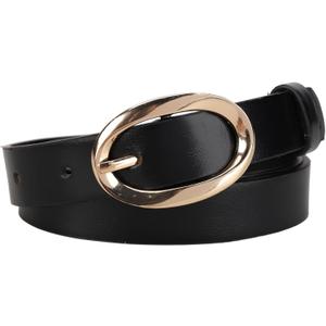Women's Faux Leather Belt, Vintage Gold Oval Buckle Vegan Leather Waist Belt for Jeans Dresses (Fits 30-40 Inch) (Black)