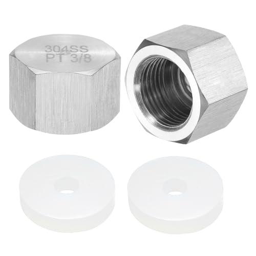 uxcell 2pcs Hex End Cap 304 Stainless Steel Nut with Washer, PT 3/8" Female Thread Pipe Fitting, Gas Line Water Line Stop Valve Cap Tubing Ends for Plumbing Fittings, Silver Tone