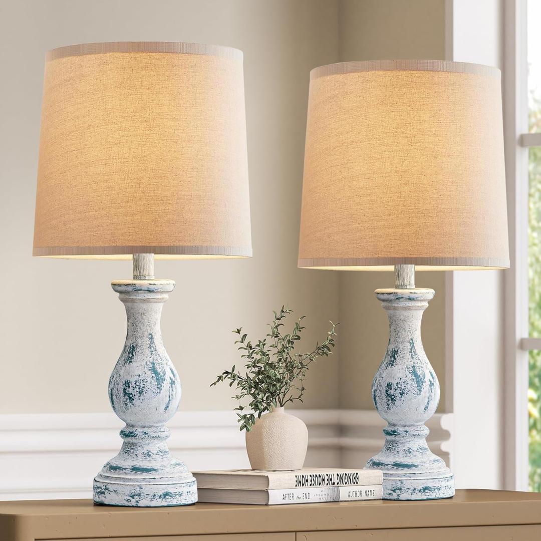 Seealle Farmhouse Table Lamps Set of 2 - Rustic Lamp for Bedroom Living Room, 22" Boho Bedside Lamps for Night Stands End Table Office Desk Lamp Nightstand Clearance with Linen Shades(Washed Blue)