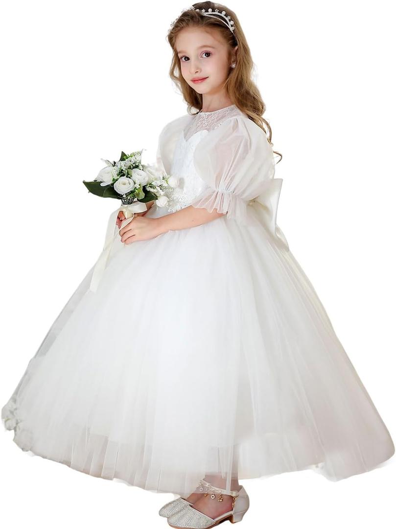 Flower Girl Dress for Wedding Lace First Communion Formal Dresses Kids Birthday Party Pageant Ball Gown (White, L)