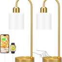 Opal Gold Desk Lamps for Home Office - 3 Way Dimmable Touch Gold Lamp with USB C+A Ports, Nightstand Lamp with Glass Shade,Bedside Table Lamps for Night Stands, BedroomLiving Room, LED Bulb Included