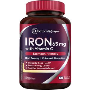 Doctor's Recipes Iron Supplement 65 mg with Vitamin C - Maximized Absorption & Stomach Friendly Iron Pills for Red Blood Cells Formation, Heart, Brain & Immunity Health - Vegan Non-GMO 60 Iron Tablets (EXP 06/01/27)