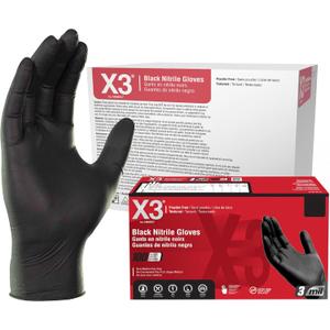 X3 Black Gloves, Disposable, Latex Free, Nitrile, for Cooking, Food Prep, 3 Mil, Powder-Free, Sizes Small through XX-Large