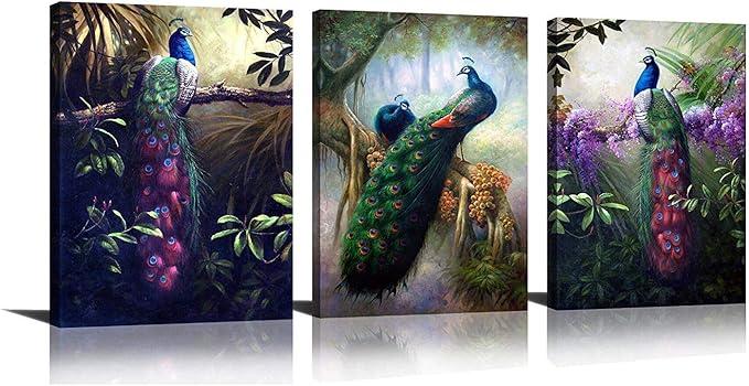 HLJ ART Modern Colorul Peacock Wall Decor 3 Panels Large Animals Painting Prints on Canvas for Home and Office Decoration