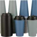 LITOPAK 100 Pack 16 oz Disposable Paper Coffee Cups with Lids for Coffee, Water, Juice, or Tea, Blue and Gray Hot Paper Cups for Home, Restaurant, Store, and Cafe