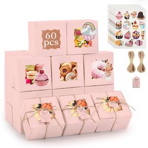 OAMCEG 60pcs Cookie Boxes with Window, 4x4x2.5 Inch Bakery Treat Boxes with Cake-Themed Stickers for Mini Cake, Pastry, Dessert, Chocolate, Strawberries, Party Favors (Pink)