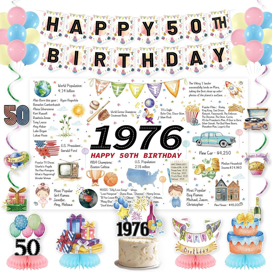 Roetyce 50th Birthday Decorations Women Men, Back in 1976 Poster Happy 50th Birthday Banner Balloons Hanging Swirl Cake Topper Kit, Colorful Funny 50 Years Old Party Supplies Photo Backdrop Background