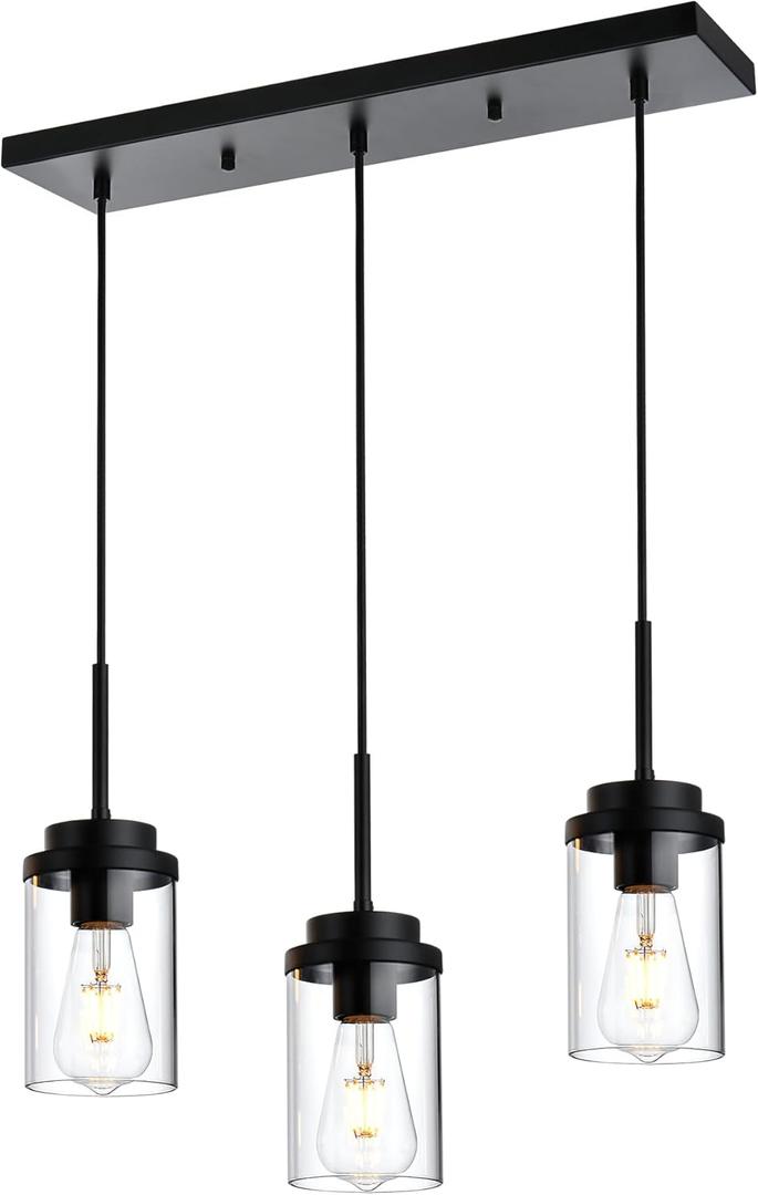 MELUCEE 3 Lights Linear Chandelier Black Finish Kitchen Pendant Lighting Over Island Dining Room Light Fixtures Ceiling Hanging Lamp with Clear Glass Shade, 20.5 Inches Length
