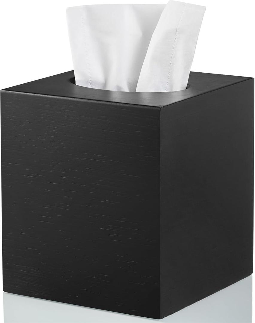 ALELION Wooden Tissue Box Cover Square - Large Black Tissue Box Holder for Tabletop Night Stands Bathroom Office - Decorative Facial Cube Tissue Box Cover