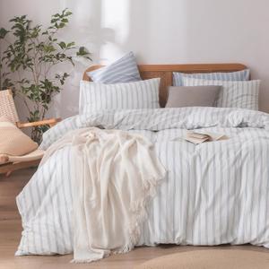 BESTOUCH Duvet Cover Set 100% Washed Cotton Linen Feel Super Soft Comfortable Chic Lightweight 3 PCs Home Bedding Set White & Cornflower Blue Stripes Queen (Queen (90" x 90"))