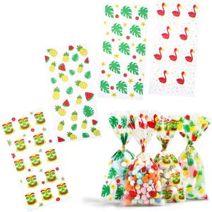 Kesote 100 Pieces Hawaiian Tropical Cellophane Treat Bags, Clear Pineapple Flamingo Goodie Candy Snack Bags Bulk with Twist Ties for Hawaiian Tropical Luau Summer Tiki Bar Party Favor Supplies