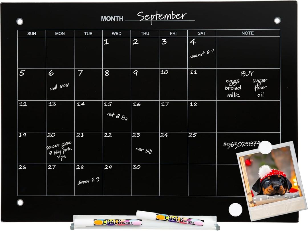 Sunnydaze Glass Calendar Dry Erase Board for Wall with Markers - Glass Magnetic Whiteboard for Home or Office - 23" W x 17" H Black
