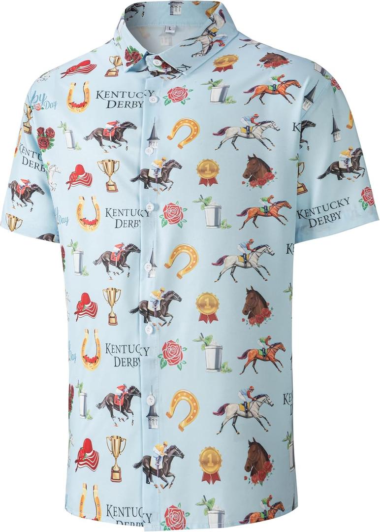 N NUCLTCK Men's Hawaiian Shirt for Men Wrinkle Free Casual Printed Beach Shirt, Horse Racing Men's Casual Button Down Shirts Regular Fit Short Sleeve Holiday Summer Shirts for Men, XXL