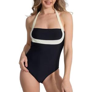 TIDAL LAU Women's Tummy Control One Piece Beige Hater Strap Swimsuit Color Block Push Up Bathing Suit High Waist Swimwear, Size: M