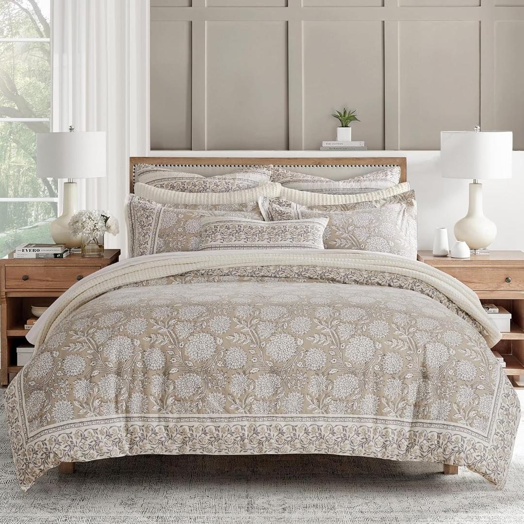 Levtex Home Adare Taupe Reversible Full/Queen Comforter Set (90x94in) with 2 Pillowcases (26x20in) - Floral Bedding - Taupe White - 100% Cotton Full/Queen Size Comforter Set - Soft, Pre-Washed